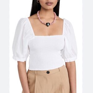 NEW Xirena Issa Shirred Cotton Crop Top White Puff Sleeve Large